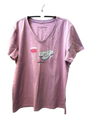 LIFE IS GOOD Siesta Key Lavender V Neck Size Large Tee Shirt